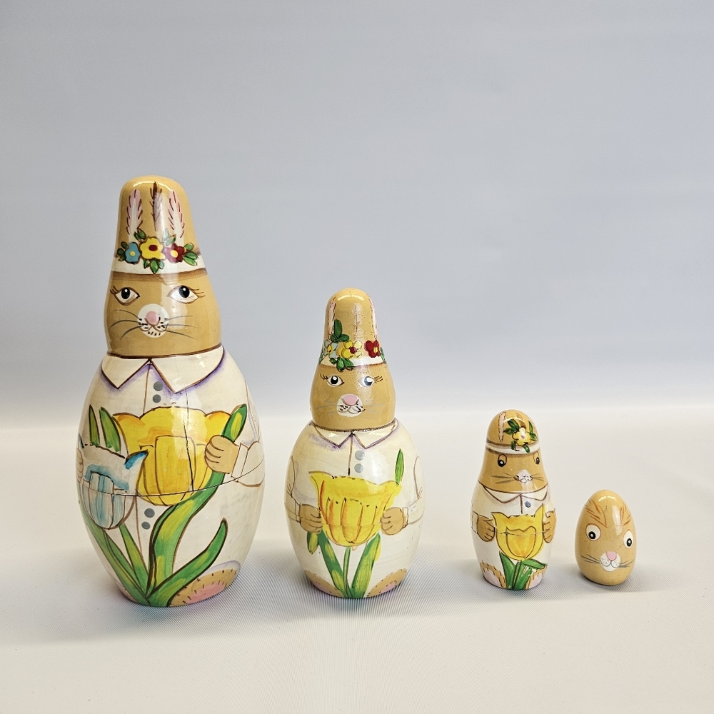 Vintage Matryoshka Nesting Dolls Rabbits Bunny Set 4 Hand Painted Garden Flowers